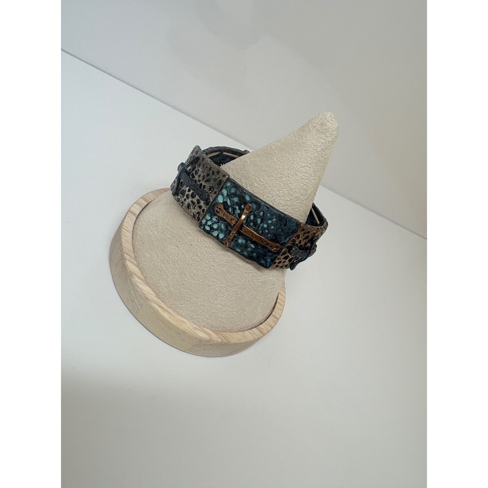 Mixed Metal Verdigris Cross Stretch Panel Bracelet Turquoise Bronze Hammered